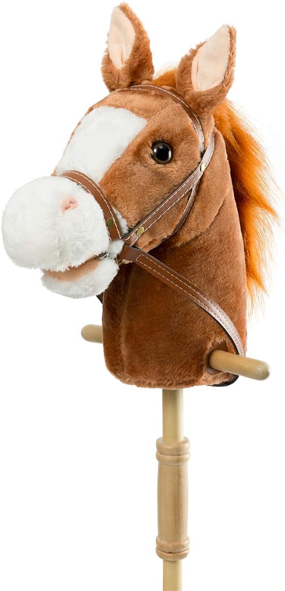 HollyHOME Outdoor Stick Horse with Wood Wheels Real Pony Neighing and Galloping Sounds Plush Toy Dark Brown 36 Inches(AA Batteries Required)