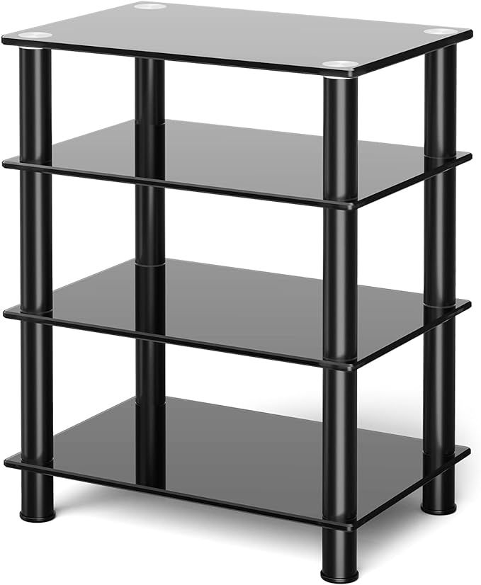 5Rcom 4 Tier Media Stand Tempered Glass Easy Assembly Entertainment TV Stand with Storage for AV Game Shelf, Black