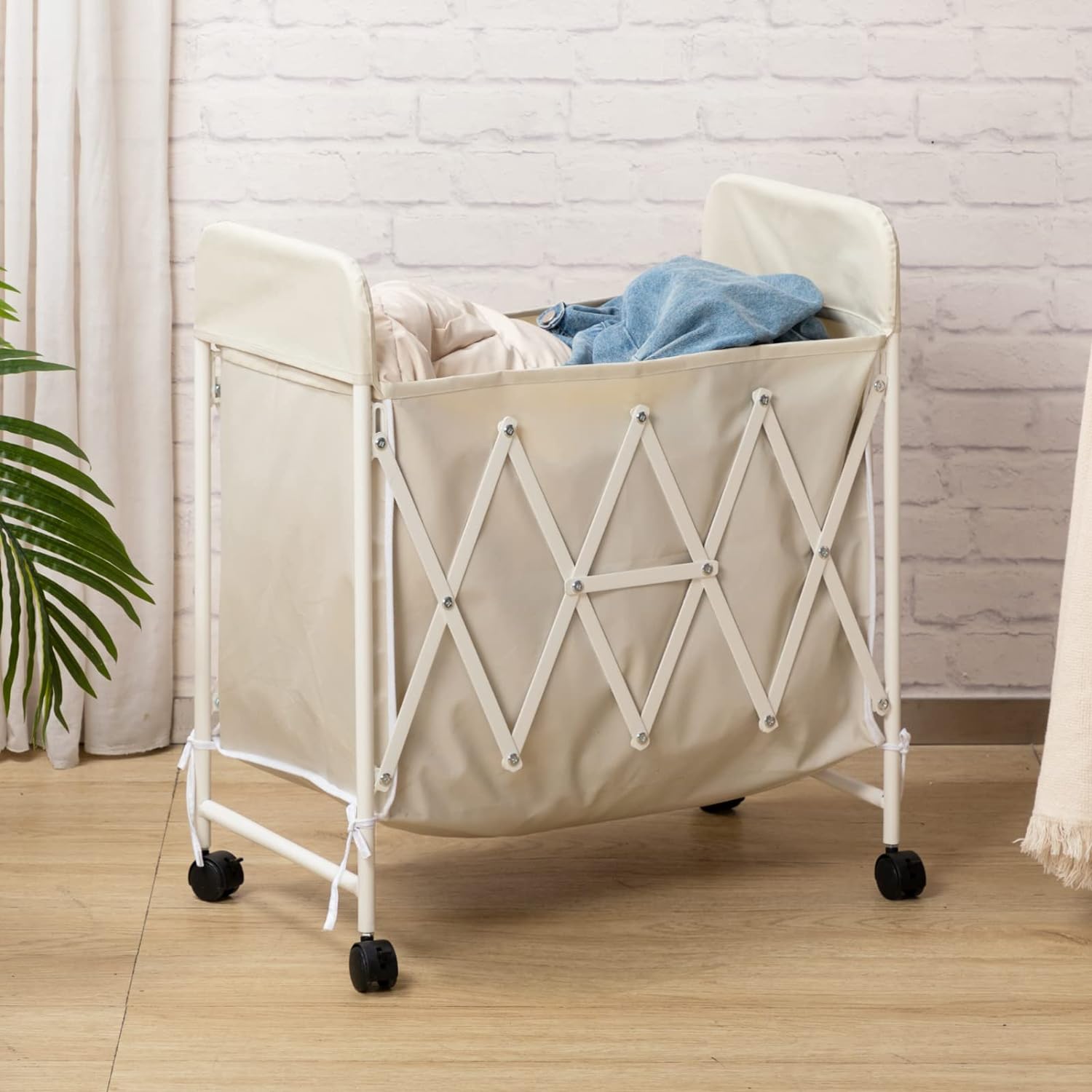 HollyHOME White Laundry Hamper with Lockable Wheels Foldable Rolling Laundry Baskets with Handle Metal Laundry Sorter Cart for Laundry Organizer Room