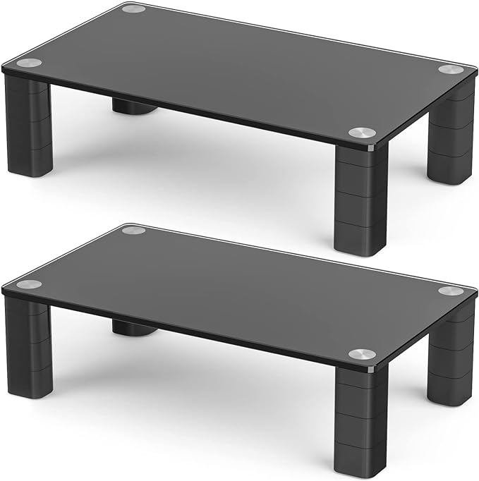 5Rcom Dual Computer Monitor Stand Riser, 2 Pack Height Adjustable Monitor Stand with Tempered Glass, Stackable Desktop Monitor Risers for 2 Monitors, PC, Under Monitor Desk Organizer, Black