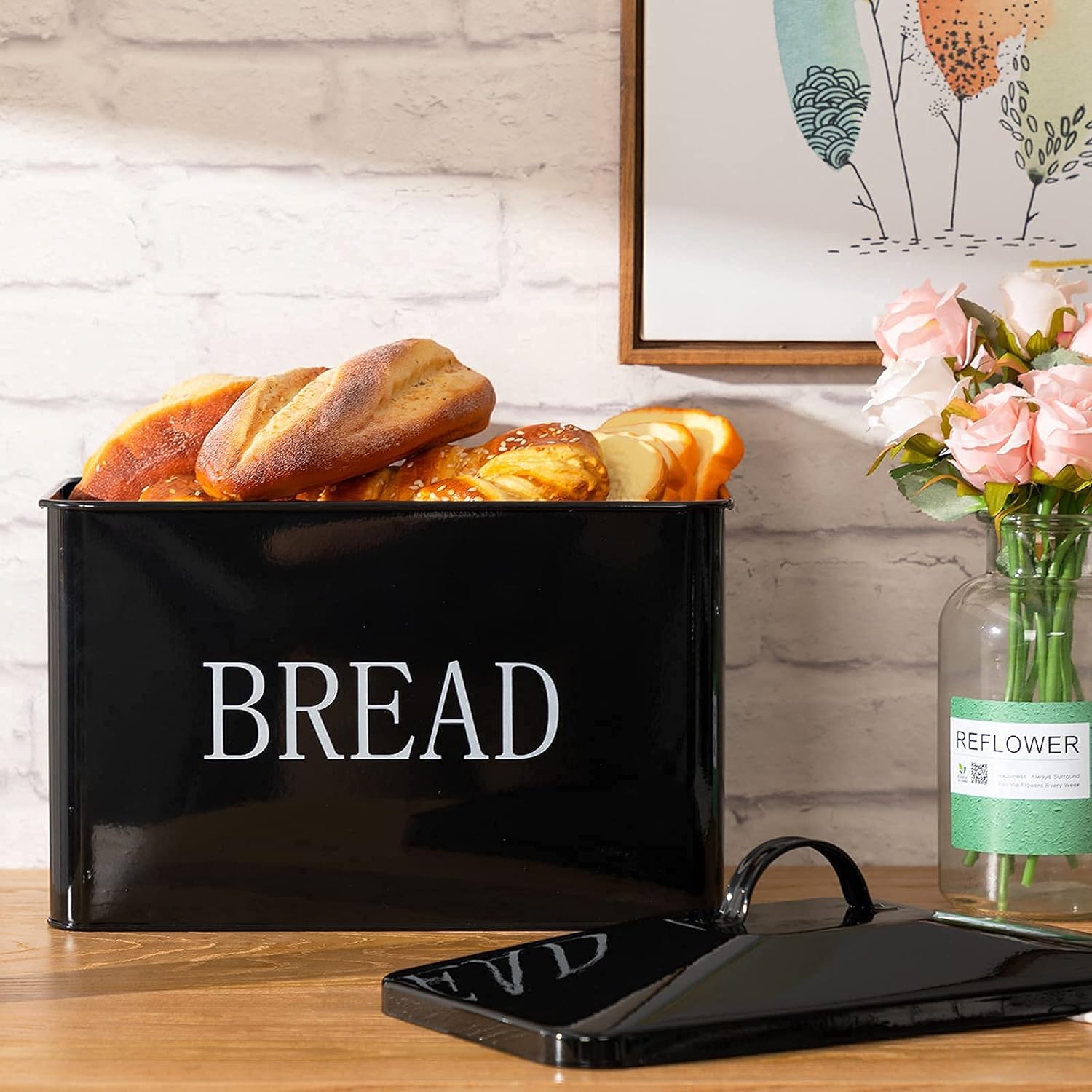 HollyHOME Large Bread box - Bread Bin for Kitchen Counter for All Bread Storage Container Counter Organizer Farmhouse Kitchen with BREAD Lettering Black