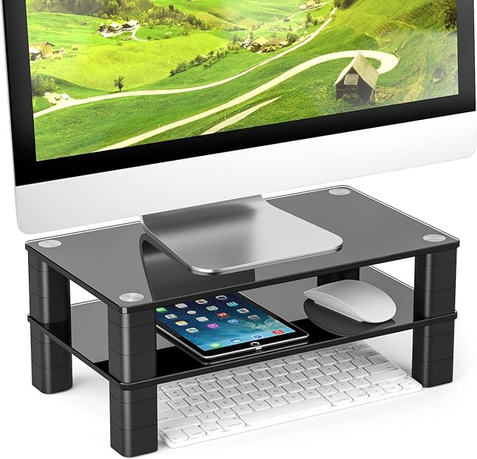 5Rcom Monitor Stand Riser 2 Tier Tempered Glass Adjustable Desk Shelf for Computer Laptop PC Printer, Black