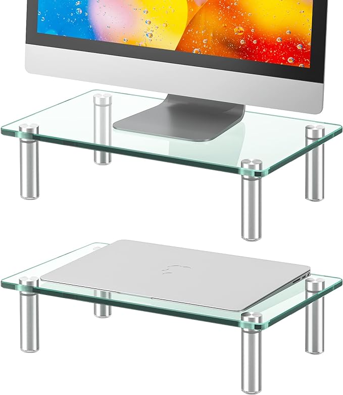5Rcom 2 Pack Monitor Stand with Clear Tempered Glass, Multimedia Desktop Stand for Dual Computer/Laptop/Flat Screen TV, Monitor Riser