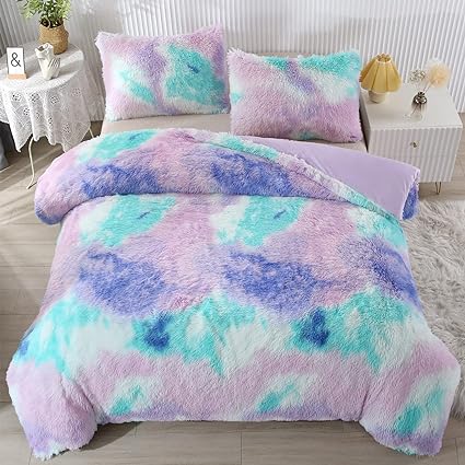 SUCSES Blue Purple Faux Fur Duvet Cover Set Twin Size, Plush Shaggy Tie Dye Rainbow Bedding Set for Girls, Fluffy Furry Velvet Comforter Cover Set (Aqua Blue Purple Ombre, Twin)