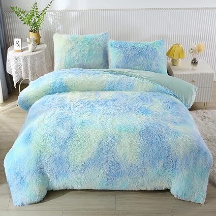 SUCSES Faux Fur Twin Duvet Cover 3 Pieces Plush Shaggy Bedding Sets for Teens Girls Colorful Rainbow Furry Bed Set (Green Ombre, Twin Size)