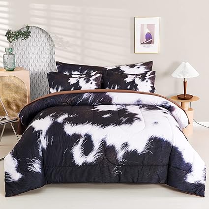 SUCSES Cow Print Comforter Set Queen Size, 8Pcs Cow Fur Print Bed in A Bed, Western Highland Cowhide Bedding Sets with Comforter and Sheets, Super Soft Farmhouse Style Bed Quilt Set for Teens Boys