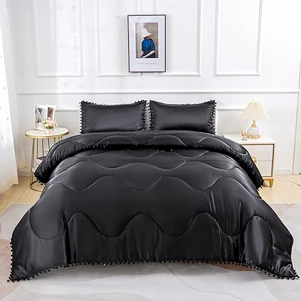 SUCSES Black Bed in A Bag Comforter Set Queen Size, Pom Pom Satin Silk Like Bedding Set, Soft Microfiber Silky Bed Set with Pompom Fringe