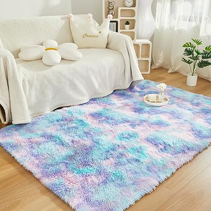 SUCSES Plush Shaggy Faux Fur Rugs Rainbow Tie Dye Fluffy Area Rug for Bedroom Living Room Furry Indoor Home Decor Carpet for Kids Teens Girls (3ft x 5ft, Blue Purple)