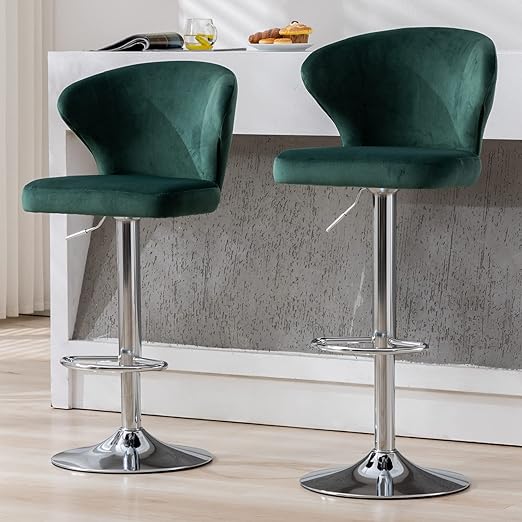 Adjustable Bar Stools Set of 2, Modern Counter Height Chairs Velvet Padded with Back, Swivel Kitchen Counter Island Dining Chair Armless Modern Barstools, Green