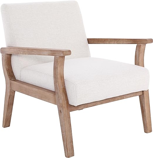 BESTANO Mid Century Modern Accent Chair, Linen Upholstered Living Room Accent Armchair with Wood Frame, Farmhouse Chair Indoor Corner Chair for Living Room Bedroom, Ivory