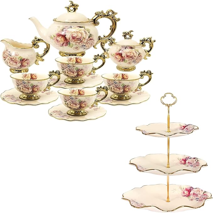 fanquare Vintage Porcelain Tea Set for 6, 3 Tier Porcelain Cupcake Stand, Complementary China Tea Party Set for Wedding