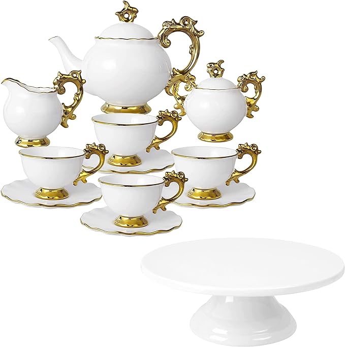 fanquare Porcelain Tea Service for 6, White Porcelain Cake Stand, Ceramic Afternoon Tea Set for Women