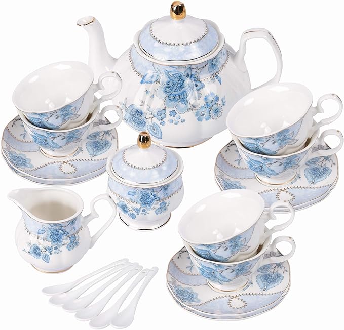 fanquare Blue Flowers Porcelain Tea Set,Tea Cup and Saucer Set,Service for 6,Wedding Teapot Sugar Bowl Cream Pitcher,China Coffee Set