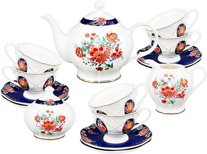 fanquare 21 Piece Old Victorian Porcelain Tea Set for 6, Royal British Floral Tea Cup Set for Women, Wedding Tea Party Set for Adults