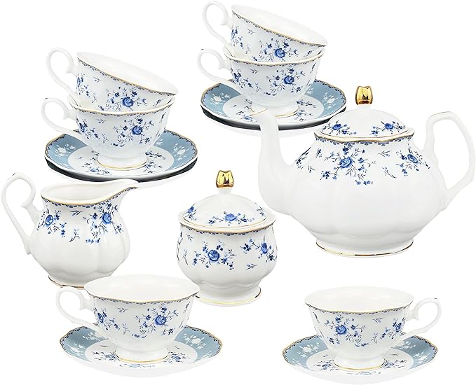 fanquare 21 Piece Floral Porcelain Tea Set, British Tea Cup and Saucer Set for 6, Tea Party Set for Women, Blue Roses