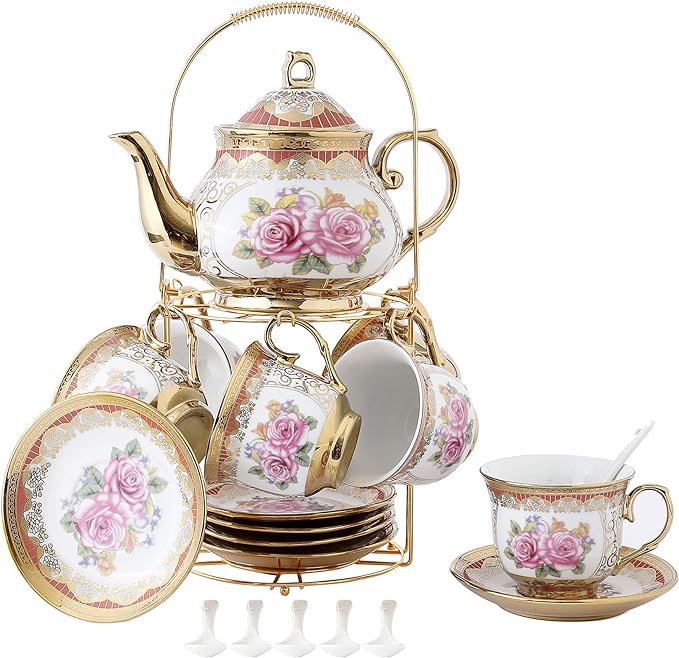 fanquare 13 Piece European Titanium Gold Tea Set,Rose Printing Vintage Ceramic Tea Set Service Coffee Set,For Gift And Household