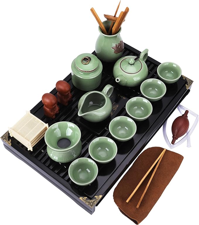 fanquare Chinese Ceramic Kung Fu Tea Set With Tea Tray And Small Tea Tools,Ge Yao Tea Service,Light Green