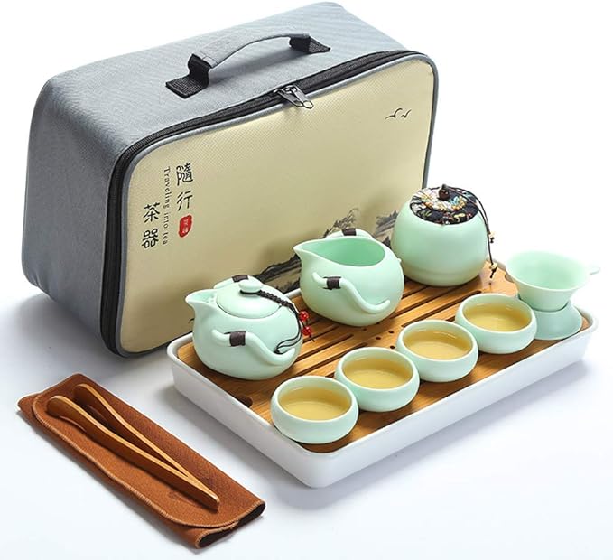 fanquare Portable Travel Tea Set,Handmade Kungfu Tea Set,Porcelain Teapot,Teacups,Bamboo Tea Tray with a Portable Travel Bag,Green