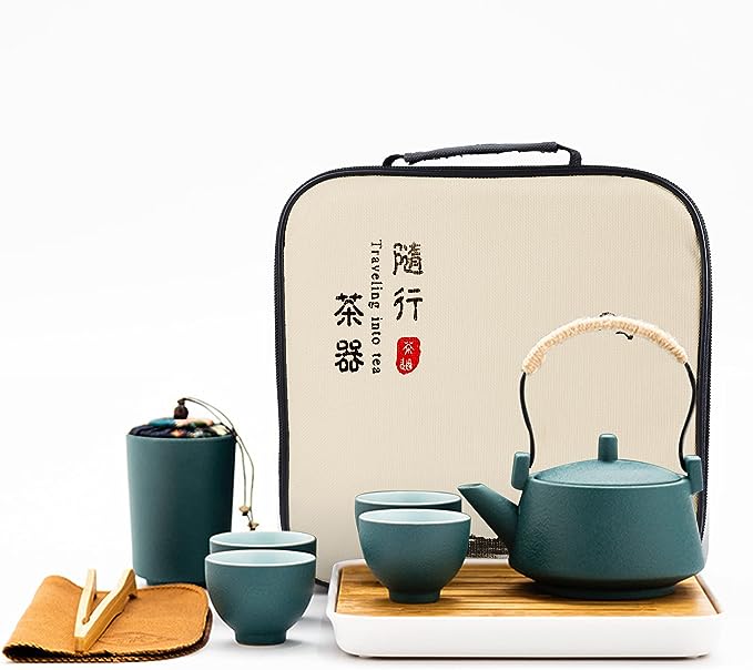 fanquare Japanese Green Kungfu Tea Set, Chinese Portable Tea Set with Tray, Porcelain Gift Tea Set for Adults, Travel Tea Set