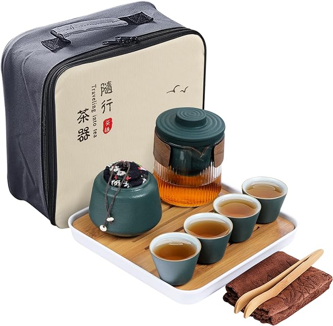 fanquare Chinese Green Ceramic Kungfu Tea Set, Japanese Travel Tea Set with Tray, Portable Bag, Glass Teapot with Tea Cups