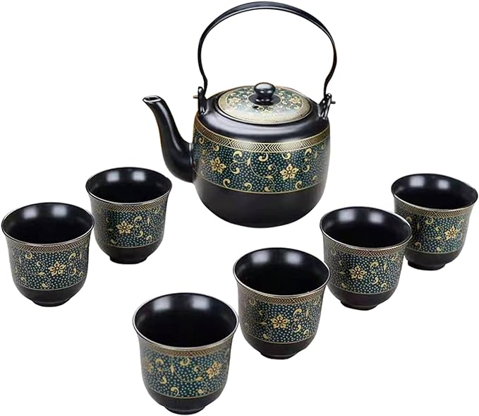 fanquare Japanese Porcelain Tea Set, Handmade Kungfu Teapot with 6 Cups, Large Black TeaPot with Gold Flowers Pattern