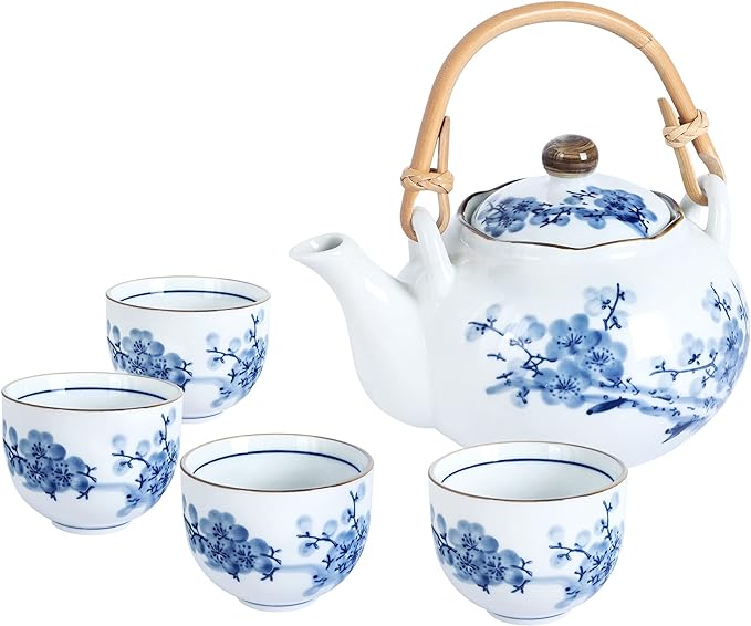 fanquare Japanese Design, Blue and White Porcelain Tea Set, Plum Blossom Pattern, Ceramic Teapot with Rattan Handle and 4 Cups