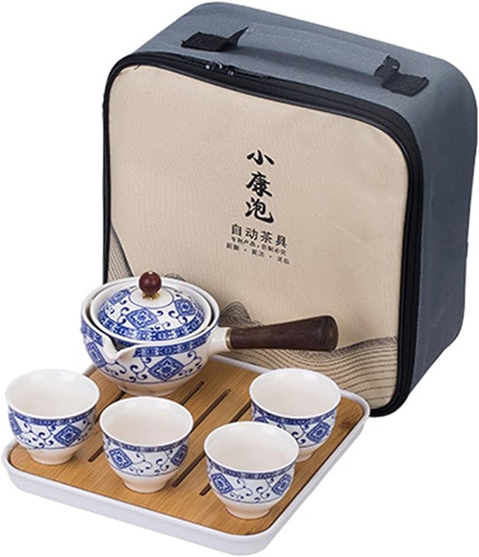 fanquare Blue and White Porcelain Portable Travel Tea Set, Handmade Kungfu Tea Set, 4 Cups, Teapot and Bamboo Tea Tray with Travel Bag