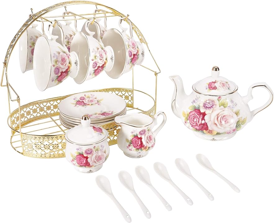 ufengke 15 Piece European Ceramic Tea Sets,Bone China Coffee Set with Metal Holder,Colorful Rose Painting Pumpkin Coffee Tea Pot