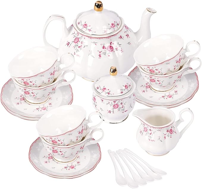 fanquare Vintage Porcelain Tea Set for Women Tea Party, Tea Cup and Saucer Set for 6, Wedding Floral Teapot Set for Adults, Pink Rose