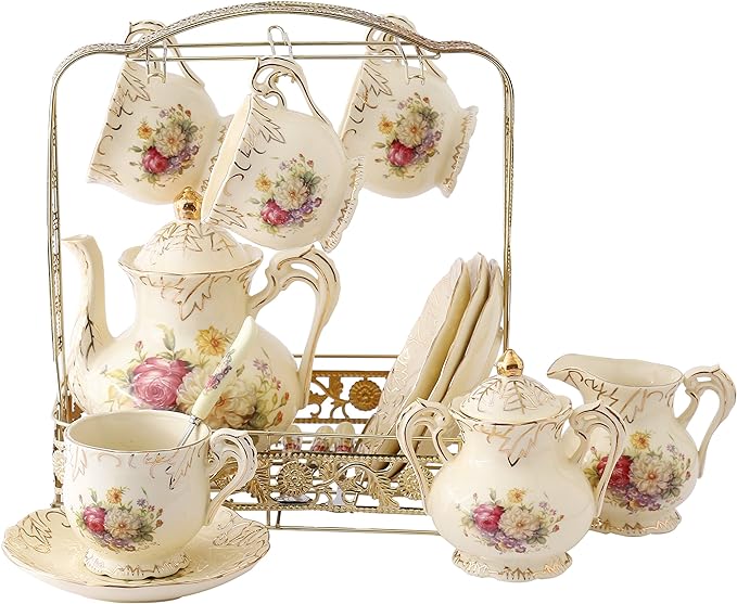 ufengke 11 Piece Creative European Luxury Tea Set, Ivory Porcelain Ceramic Coffee Set With Metal Holder, Hand Painted Red And White Rose Flower, For Wedding Decoration