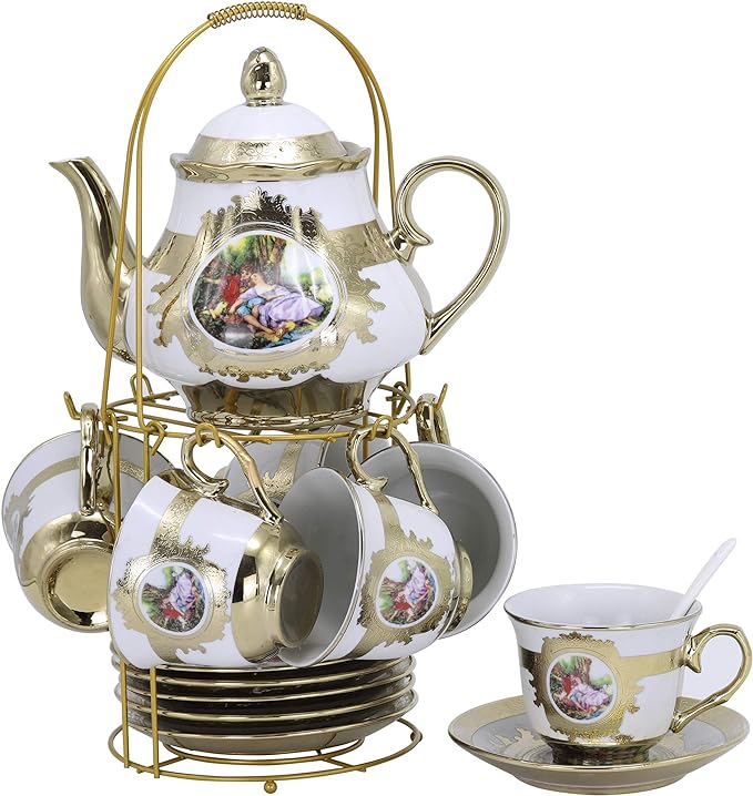 ufengke 13 Piece European Retro Painting Ceramic Tea Set With Metal Holder, Porcelain Tea Cups Set, For Wedding,A