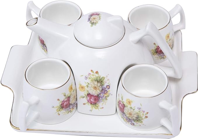 ufengke Flower Porcelain Coffee Tea Set,One Piece Large Tea Pot,4 Coffee Cups with Tray,B