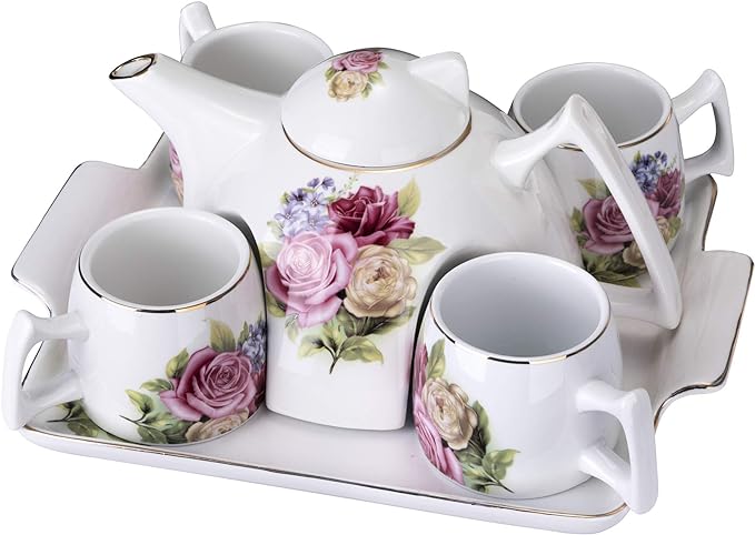 ufengke Flower Porcelain Coffee Tea Set,One Piece Large Tea Pot,4 Coffee Cups with Tray,B