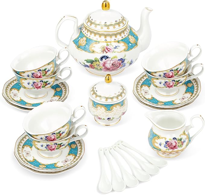 fanquare 21 Piece European Porcelain Tea Set, Teal Cups and Saucers Service for 6, Blue Tea Gift Set for Adults