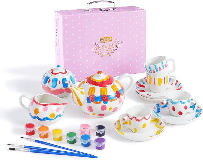 fanquare Porcelain DIY Tea Set for Adult, Kids, Small Tea Party Set for Girls, Portable White Tea Set with Suitcase