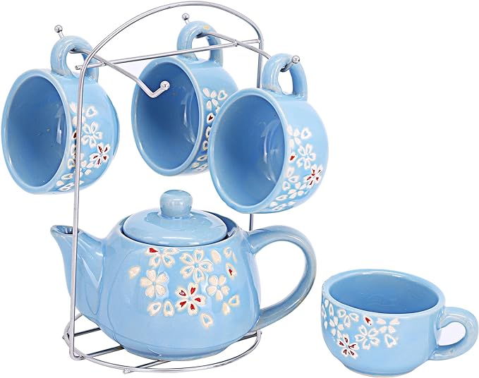 ufengke 6 Pieces Plum Blossom Ceramic Tea Set for Adults,Kids,Childrens Tea Sets,Small Floral Coffee Tea Set,Blue