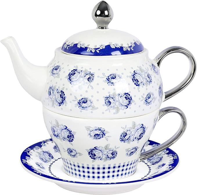 fanquare Porcelain Tea for One, Blue Roses and Polka Dots Porcelain Teapot with Cup, Saucer