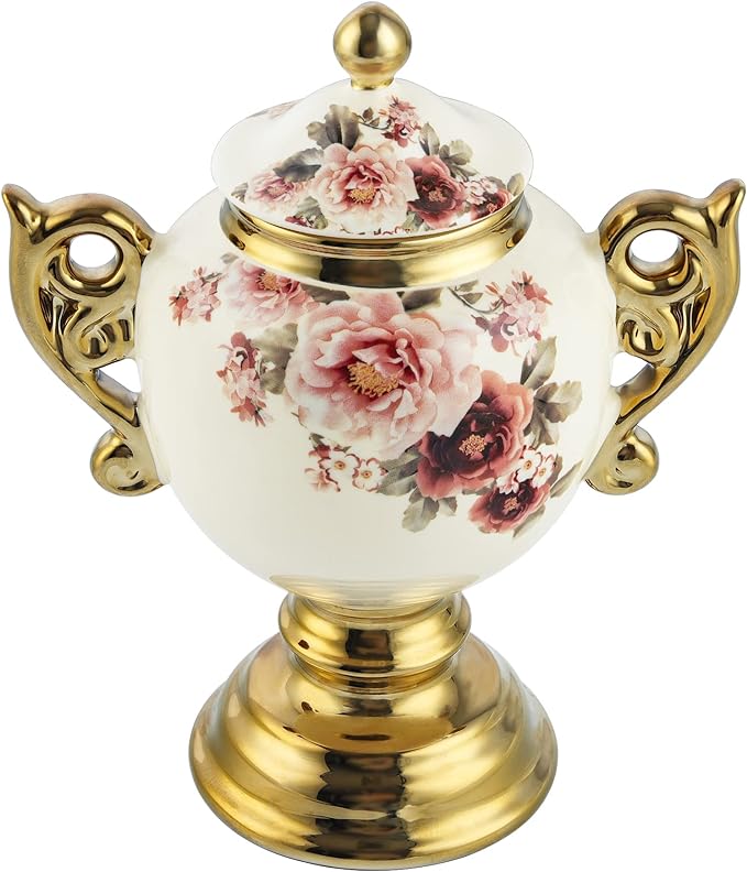 fanquare 15oz Vintage Floral Cookie Jar with Lid, Large Porcelain Candy Jar for Counter, Gold Kitchen Storage Jar, Decorative Jar with Lid