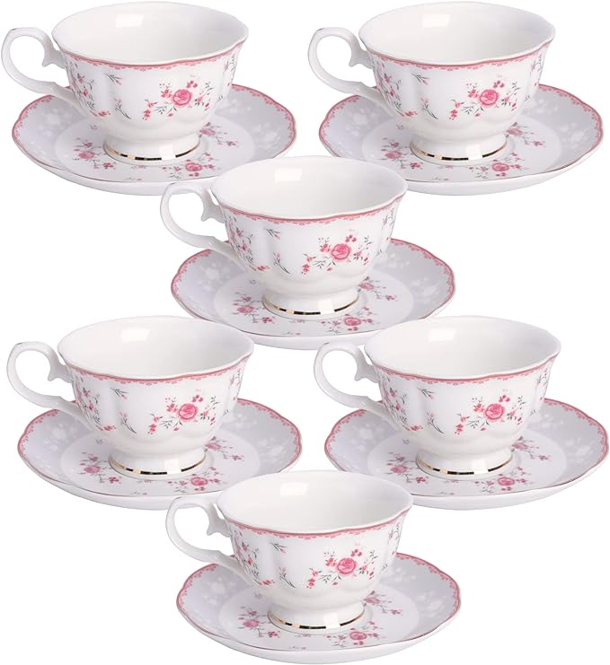 fanquare Pink Rose Tea Cup and Saucer Set for 6, British Vintage Afternoon Cup Set, Porcelain Coffee Cup with Gold Border, 5 oz