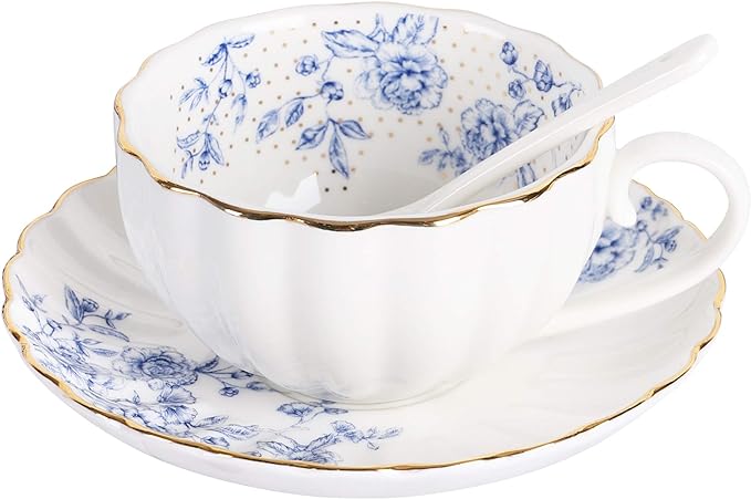 fanquare 7oz Blue Rose Porcelain Coffee Cup, White Tea Cup and Saucer, British Floral Single Tea Coffee Cup