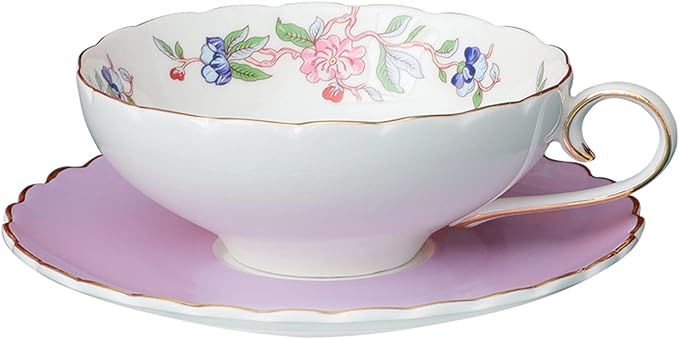 fanquare Floral Porcelain Cup and Saucer with Gold Trim, 7 Oz Coffee Cup with Pink Flowers, Purple Afternoon Tea Cup