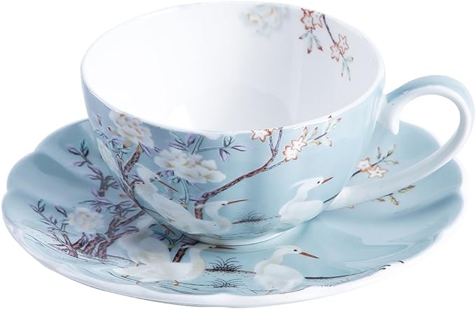 ufengke 8oz Blue Fine Bone China Coffee Cup with Saucer, White Flowers, White Crane Porcelain Tea Cup and Saucer