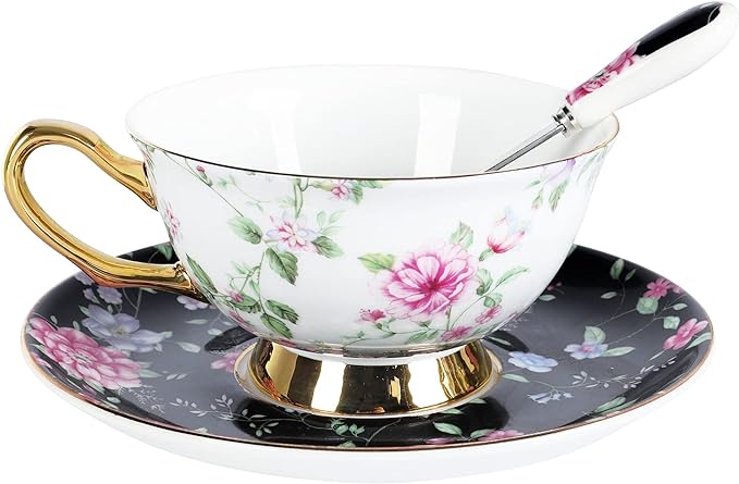 fanquare Gold Trim Fine Bone China Tea Cup and Saucer Set with Spoon,Rose Porcelain Coffee Cup,Cappuccino Cup