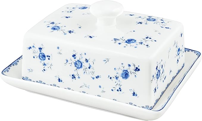 fanquare Ceramic Butter Dish with Lid, Covered Butter Holder for Countertop, Porcelain Butter Container for Fridge, Butter Storage Tray, Blue Rose