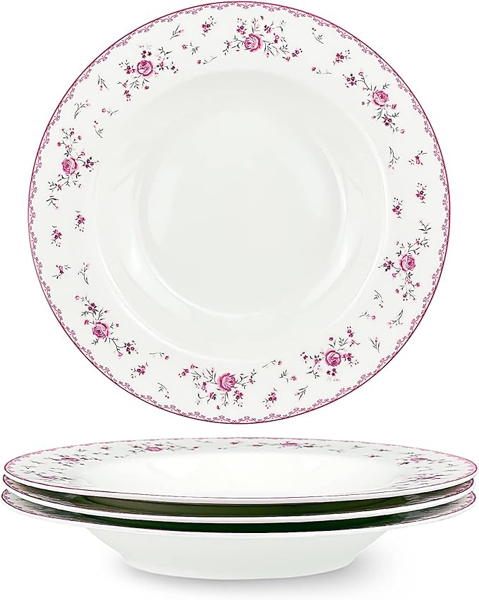 fanquare 8 Inch Porcelain Soup Bowls Set of 4, Round Pasta Plates Set for Salad, Dessert, Snack, Pink Roses