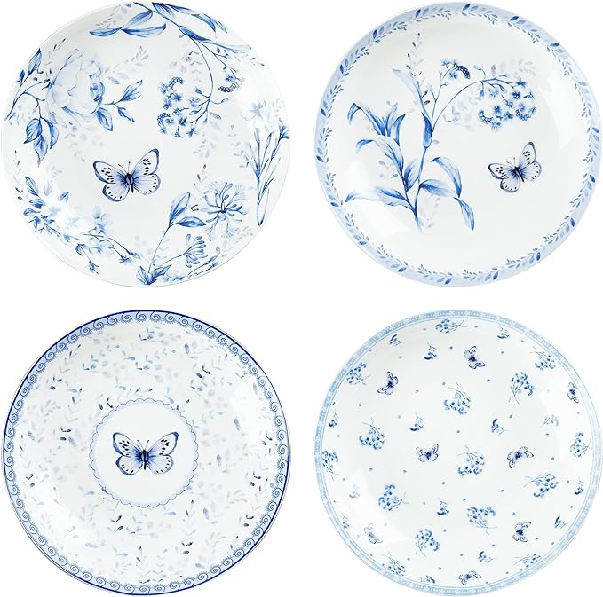 fanquare 8 Inch Pasta Bowls Set of 4, Porcelain Salad Plates for Desserts, Bread, Soup, Blue Floral Shallow Serving Plates