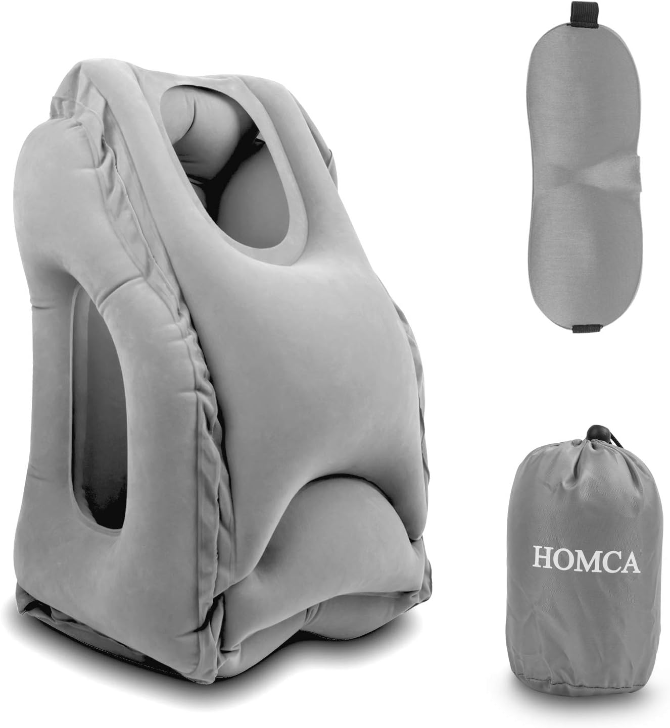 HOMCA Travel Pillow, Portable Head Neck Rest Inflatable Pillow from, Design for Airplanes, Cars, Buses, Trains, Office Napping, Camping - Includes Free Eye mask (Gray)