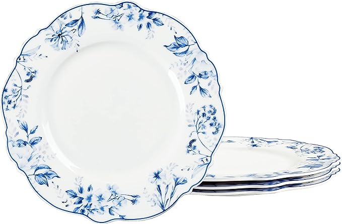 fanquare 8 Inch Blue Floral Porcelain Dessert Plates Set of 4, Scalloped Ceramic Salad Plates for Appetizer, Microwavable Plates