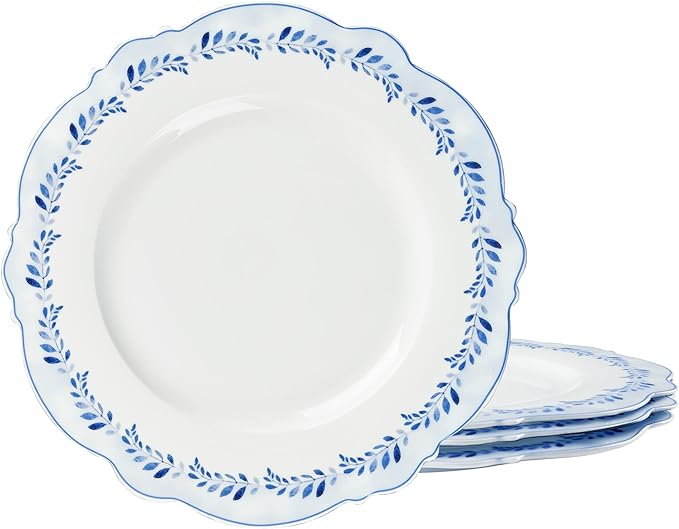 fanquare 11 Inch Porcelain Dinner Plates Set of 4, Elegant Blue Grass Ring Plates for Steak, Microwave Safe