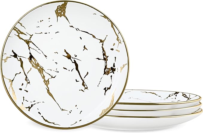 fanquare 10 Gold Marble Dinner Plate, Modern Ceramic Dishes Set for 4, Large Porcelain Plates Set, Round Kitchen Serving Plates, Dishwasher Safe